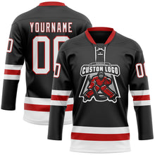 Load image into Gallery viewer, Custom Black White-Red Hockey Lace Neck Jersey
