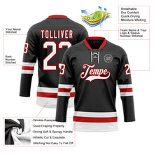 Load image into Gallery viewer, Custom Black White-Red Hockey Lace Neck Jersey
