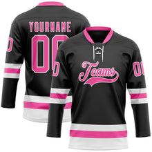 Load image into Gallery viewer, Custom Black Pink-White Hockey Lace Neck Jersey
