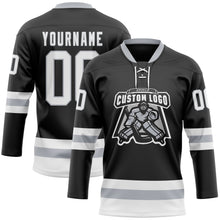 Load image into Gallery viewer, Custom Black White-Gray Hockey Lace Neck Jersey
