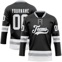 Load image into Gallery viewer, Custom Black White-Gray Hockey Lace Neck Jersey
