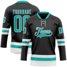 Load image into Gallery viewer, Custom Black Aqua-White Hockey Lace Neck Jersey
