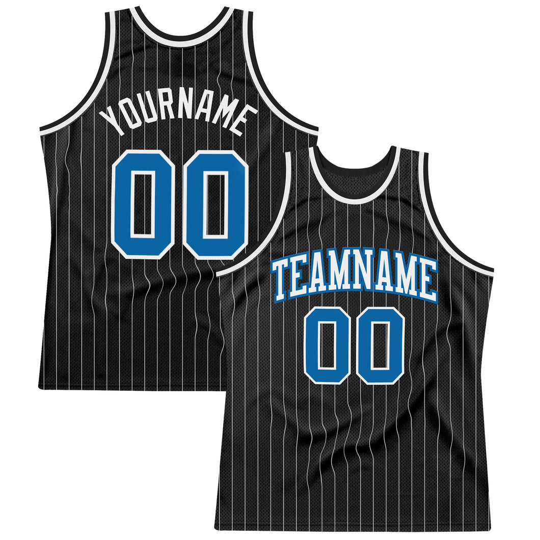 Custom Black White Pinstripe Blue Authentic  Basketball Jersey