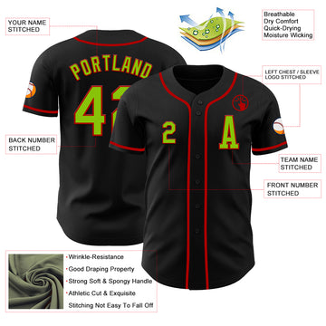 Custom Black Neon Green-Red Authentic Baseball Jersey
