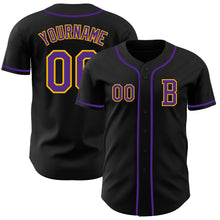 Load image into Gallery viewer, Custom Black Purple-Gold Authentic Baseball Jersey
