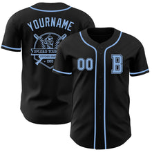 Load image into Gallery viewer, Custom Black Light Blue Authentic Baseball Jersey
