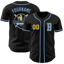 Load image into Gallery viewer, Custom Black Yellow-Light Blue Authentic Baseball Jersey
