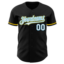 Load image into Gallery viewer, Custom Black White Sky Blue-Yellow Authentic Baseball Jersey
