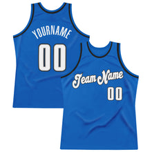 Load image into Gallery viewer, Custom Blue White-Black Authentic Throwback Basketball Jersey
