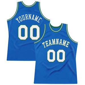 Custom Blue White-Kelly Green Authentic Throwback Basketball Jersey