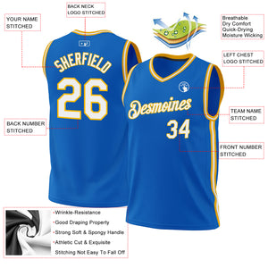 Custom Blue White-Gold Authentic Throwback Basketball Jersey