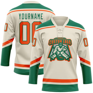 Custom Cream Orange-Kelly Green Hockey Lace Neck Jersey