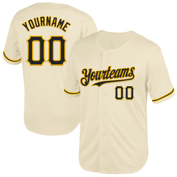 Custom Cream Black-Gold Mesh Authentic Throwback Baseball Jersey