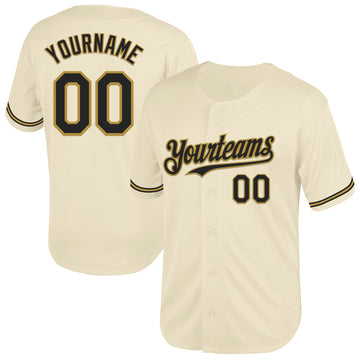 Custom Cream Black-Old Gold Mesh Authentic Throwback Baseball Jersey