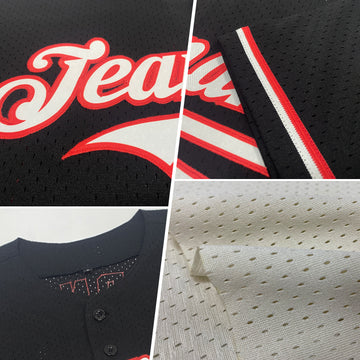 Custom Cream Black-Red Mesh Authentic Throwback Baseball Jersey