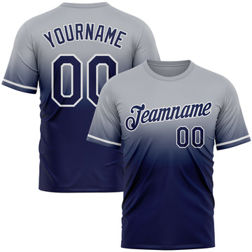 Custom Gray Navy-White Fade Fashion Performance T-Shirt
