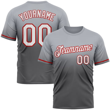 Custom Gray Steel Gray-Red Fade Fashion Performance T-Shirt