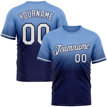 Custom Powder Blue White-Navy Fade Fashion Performance T-Shirt