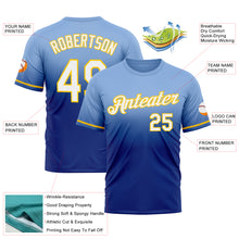 Load image into Gallery viewer, Custom Light Blue Royal-Yellow Fade Fashion Performance T-Shirt
