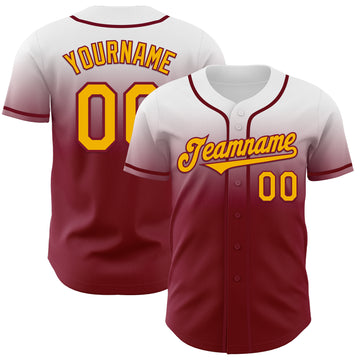 Custom White Gold-Crimson Authentic Fade Fashion Baseball Jersey