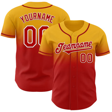 Custom Gold Red-White Authentic Fade Fashion Baseball Jersey