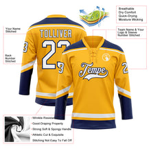 Load image into Gallery viewer, Custom Gold White-Navy Hockey Lace Neck Jersey
