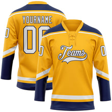 Load image into Gallery viewer, Custom Gold White-Navy Hockey Lace Neck Jersey
