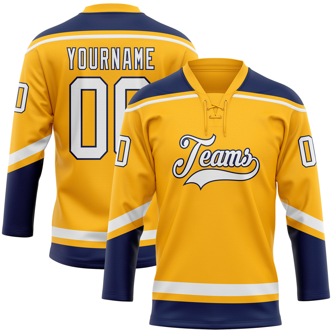 Custom Gold White-Navy Hockey Lace Neck Jersey