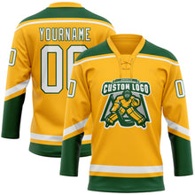 Load image into Gallery viewer, Custom Gold White-Green Hockey Lace Neck Jersey
