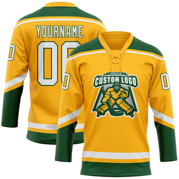 Custom Gold White-Green Hockey Lace Neck Jersey