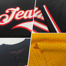 Load image into Gallery viewer, Custom Gold Red-Navy Mesh Authentic Throwback Baseball Jersey
