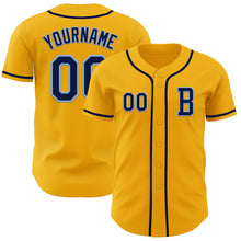 Load image into Gallery viewer, Custom Gold Navy-Light Blue Authentic Baseball Jersey
