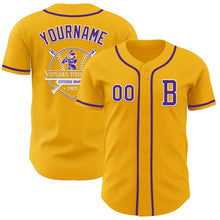 Load image into Gallery viewer, Custom Gold Purple-White Authentic Baseball Jersey
