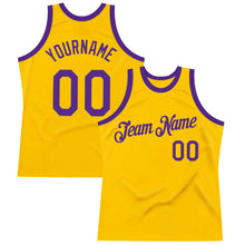Load image into Gallery viewer, Custom Gold Purple Authentic Throwback Basketball Jersey
