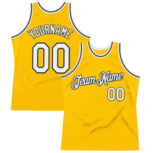 Load image into Gallery viewer, Custom Gold White-Navy Authentic Throwback Basketball Jersey
