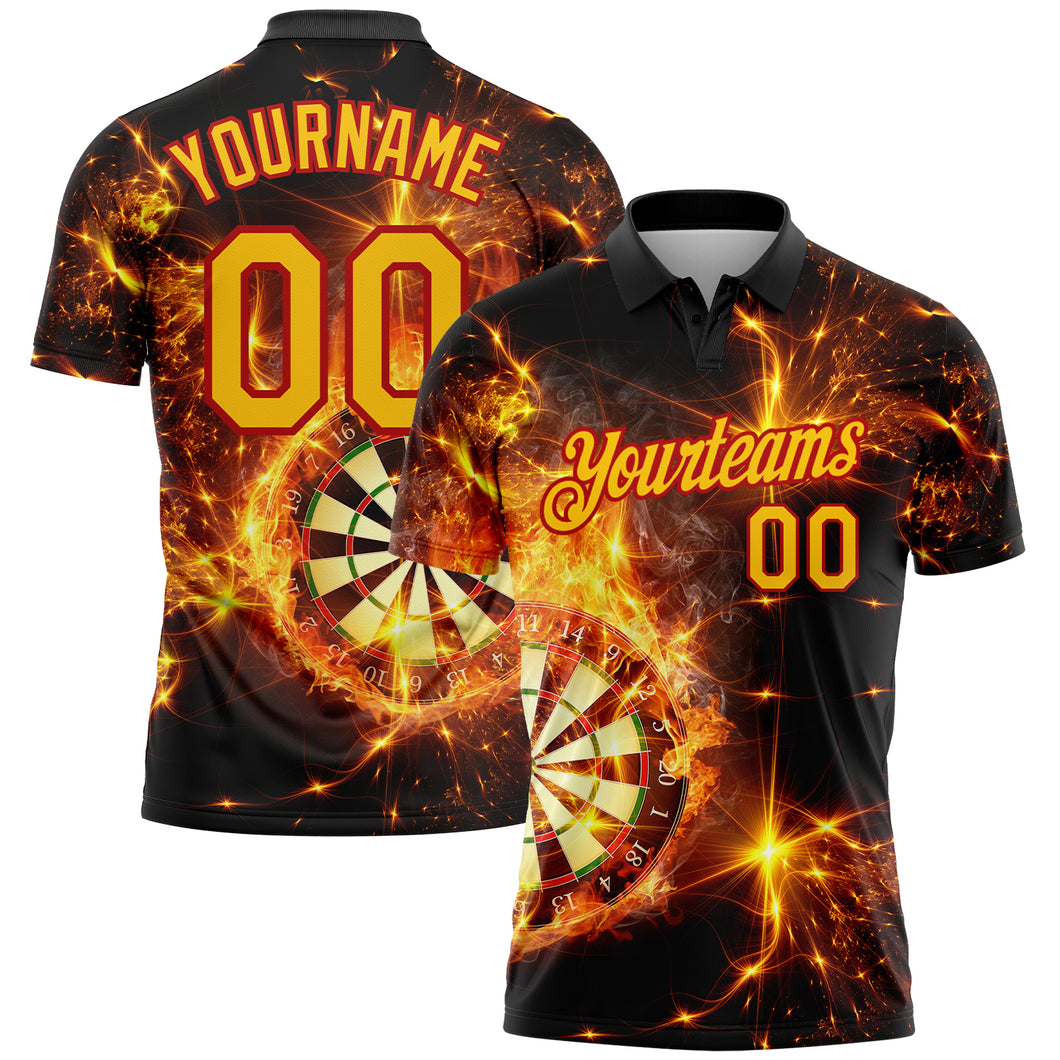 Custom Black Yellow-Red 3D Pattern Design Flame Dart Board Performance Golf Polo Shirt