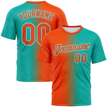 Custom Aqua Orange-White Gradient Fashion Performance T-Shirt