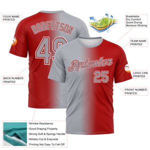 Custom Red Gray-White Gradient Fashion Performance T-Shirt