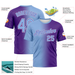 Custom Purple Light Blue-White Gradient Fashion Performance T-Shirt
