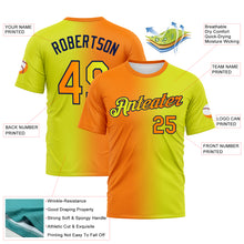 Load image into Gallery viewer, Custom Neon Yellow Bay Orange-Navy Gradient Fashion Performance T-Shirt
