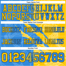 Load image into Gallery viewer, Custom Powder Blue Yellow-Black Mesh Authentic Gradient Fashion Scratch Football Jersey
