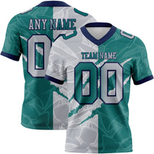Load image into Gallery viewer, Custom Teal Gray-Navy Mesh Authentic Gradient Fashion Scratch Football Jersey
