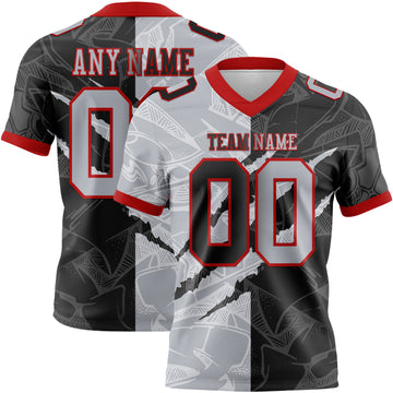 Custom Black Gray-Red Mesh Authentic Gradient Fashion Scratch Football Jersey