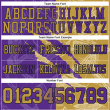 Load image into Gallery viewer, Custom Purple Old Gold-Black Mesh Authentic Gradient Fashion Scratch Football Jersey

