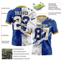 Load image into Gallery viewer, Custom Royal White-Old Gold Mesh Authentic Gradient Fashion Scratch Football Jersey
