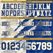 Load image into Gallery viewer, Custom Royal White-Old Gold Mesh Authentic Gradient Fashion Scratch Football Jersey
