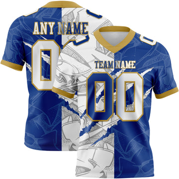 Custom Royal White-Old Gold Mesh Authentic Gradient Fashion Scratch Football Jersey