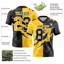 Load image into Gallery viewer, Custom Black Yellow-White Mesh Authentic Gradient Fashion Scratch Football Jersey

