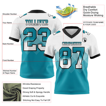 Custom White Teal-Black Mesh Authentic Gradient Square Shape Flag Football Jersey