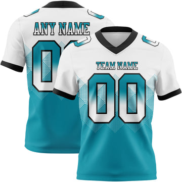 Custom White Teal-Black Mesh Authentic Gradient Square Shape Flag Football Jersey